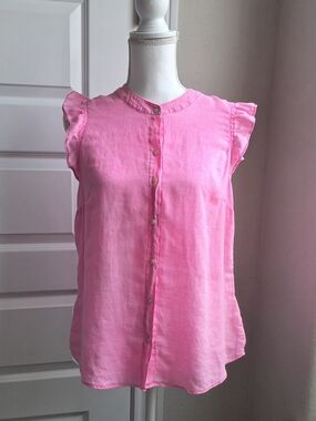 Lilly Pulitzer 100% Linen Pink Button Front Blouse Ruffle Sleeve M